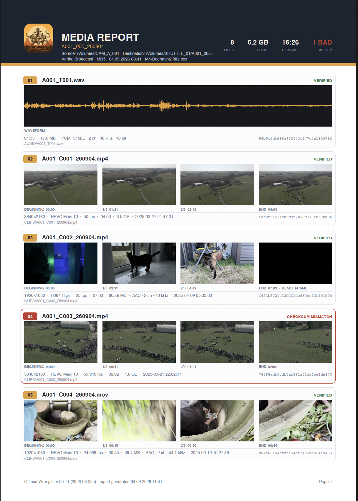 A media report PDF with four frames per clip
