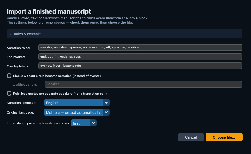 The import dialog for a finished manuscript